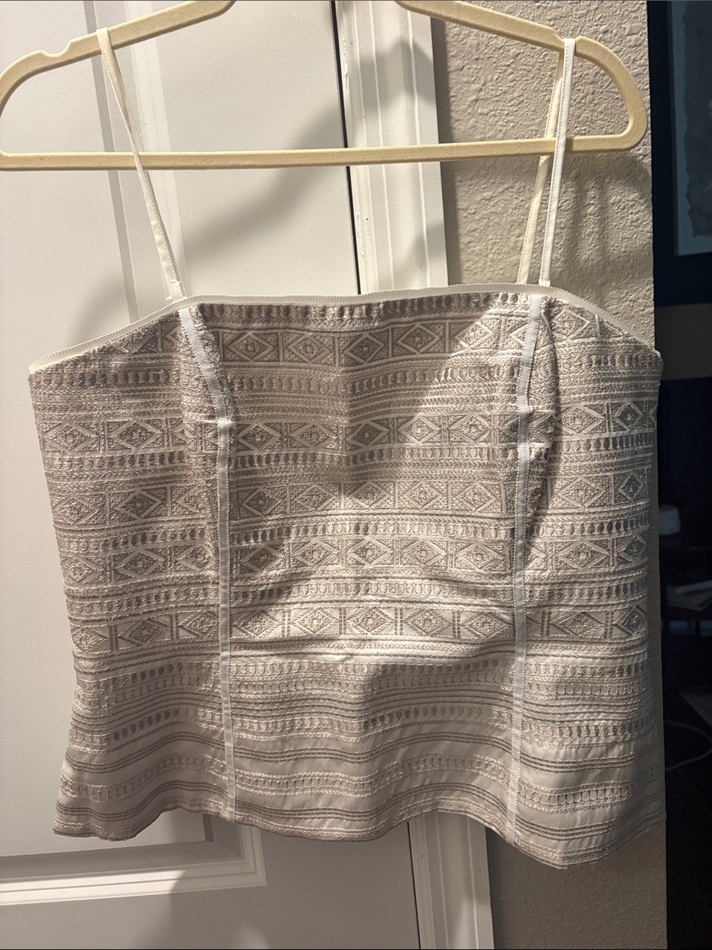 White House Black Market Ivory Textured Strapless Tank with Subtle Gray Pattern